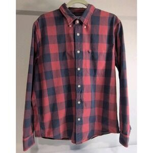 Abercrombie & Fitch Men's Red & Navy Blue Plaid Plannel Long-sleeved Shirt XL